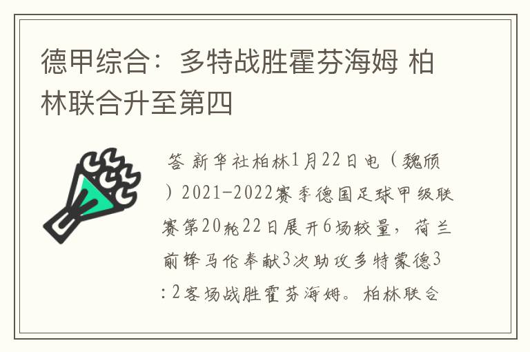 德甲综合:多特战胜霍芬海姆 柏林联合升至第四