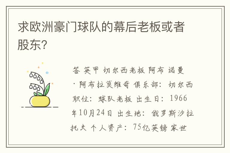 求欧洲豪门球队的幕后老板或者股东?