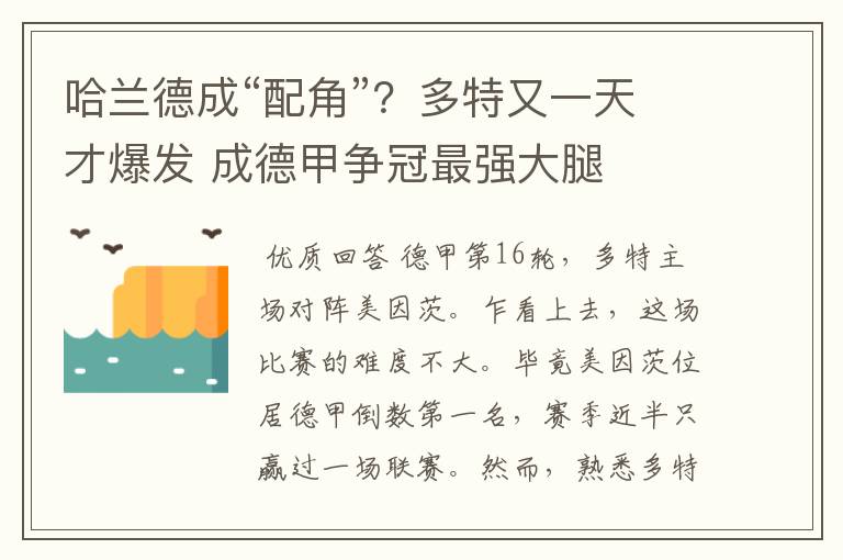 哈兰德成“配角”?多特又一天才爆发 成德甲争冠最强大腿