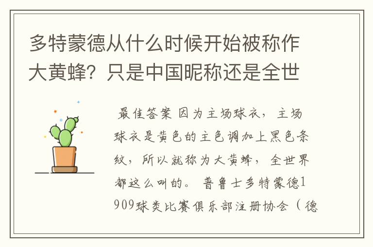 多特蒙德从什么时候开始被称作大黄蜂？只是中国昵称还是全世界范围都这么称呼