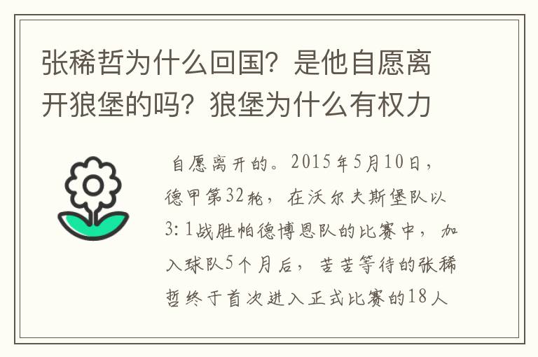 张稀哲为什么回国?是他自愿离开狼堡的吗?狼堡为什么有权力限制他不让他去德甲其他球队?