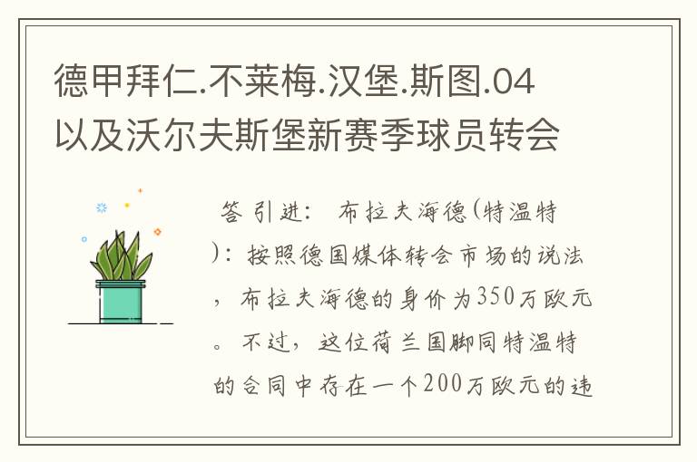德甲拜仁.不莱梅.汉堡.斯图.04以及沃尔夫斯堡新赛季球员转会一览