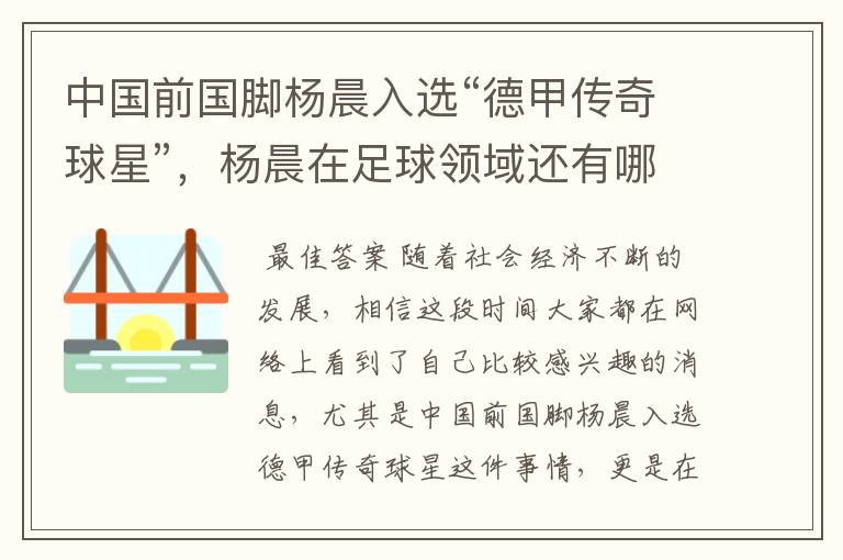 中国前国脚杨晨入选“德甲传奇球星”,杨晨在足球领域还有哪些成就?