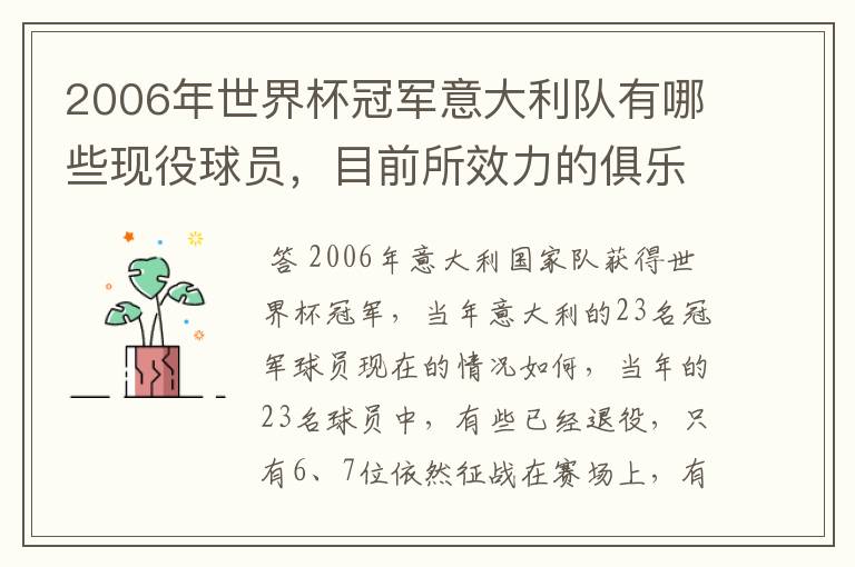 2006年世界杯冠军意大利队有哪些现役球员,目前所效力的俱乐部。