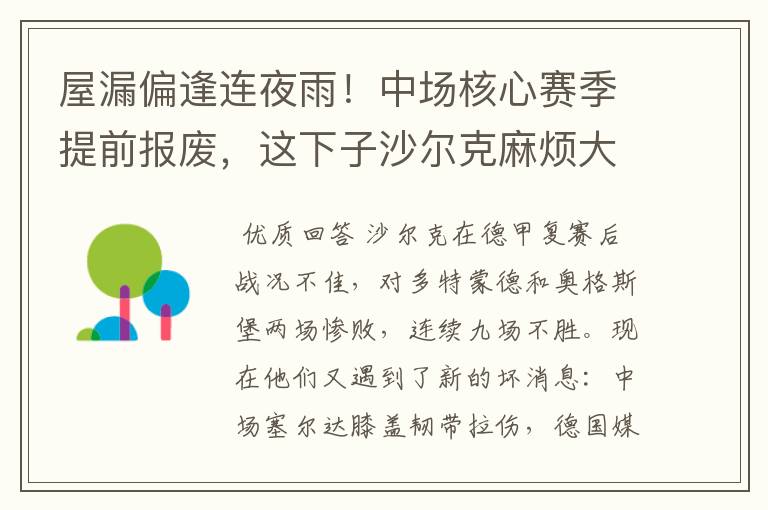 屋漏偏逢连夜雨!中场核心赛季提前报废,这下子沙尔克麻烦大了
