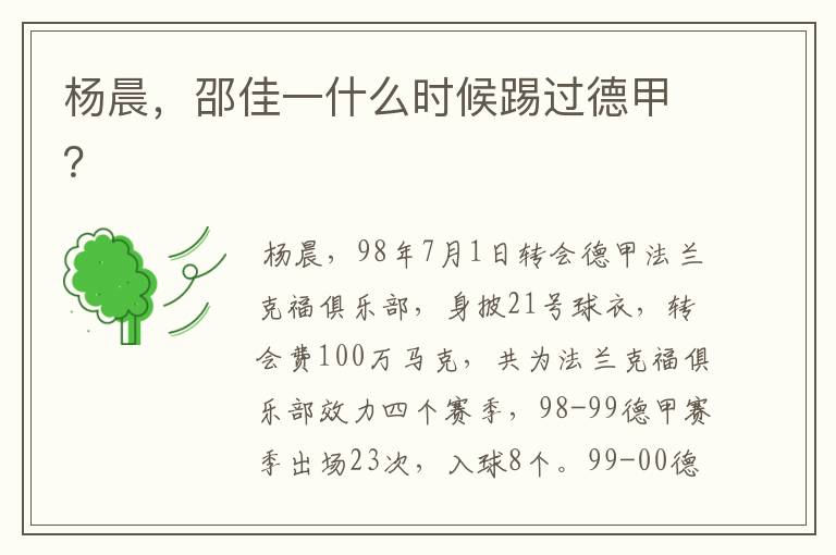 杨晨,邵佳一什么时候踢过德甲?