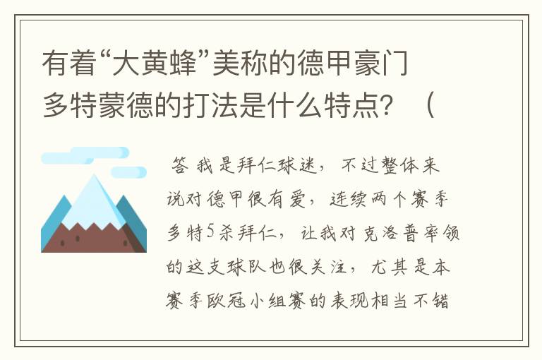 有着“大黄蜂”美称的德甲豪门多特蒙德的打法是什么特点?(请多特蒙德资深球迷回答)