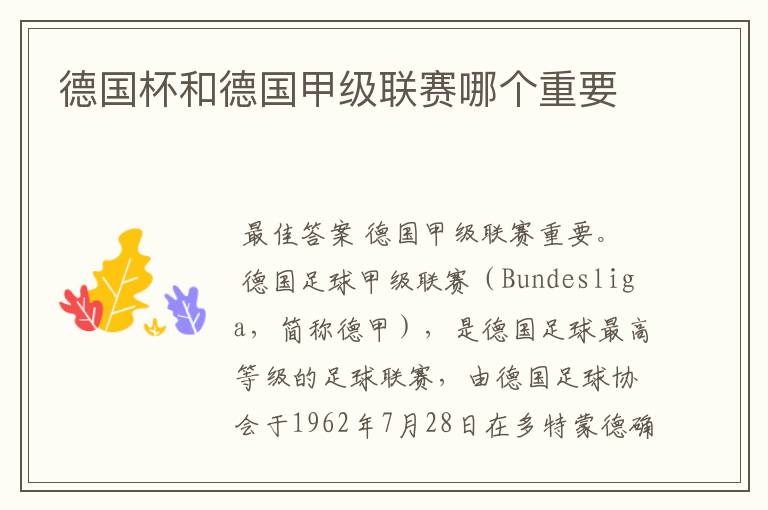 德国杯和德国甲级联赛哪个重要