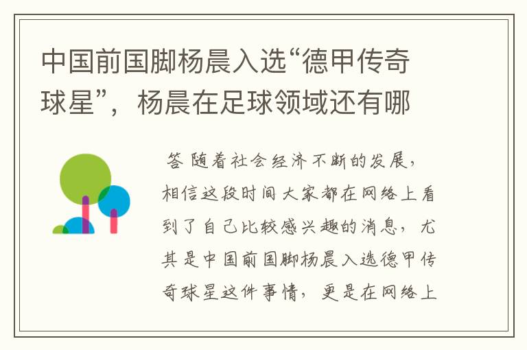 中国前国脚杨晨入选“德甲传奇球星”,杨晨在足球领域还有哪些成就?