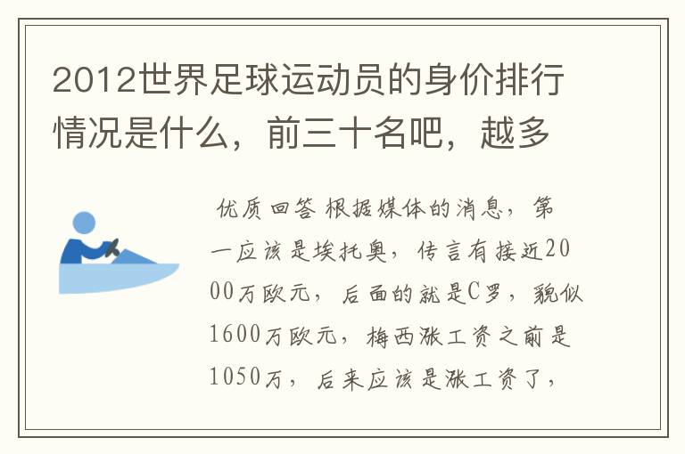 2012世界足球运动员的身价排行情况是什么,前三十名吧,越多越好哦~~