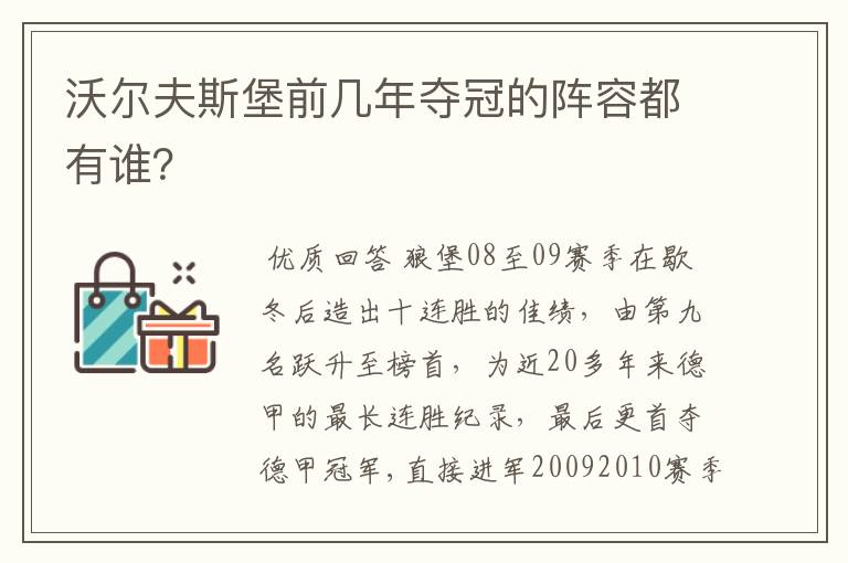 沃尔夫斯堡前几年夺冠的阵容都有谁?