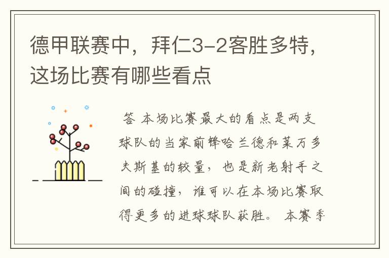 德甲联赛中,拜仁3-2客胜多特,这场比赛有哪些看点