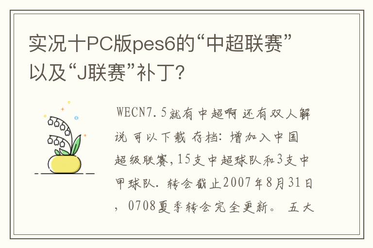 实况十PC版pes6的“中超联赛”以及“J联赛”补丁?