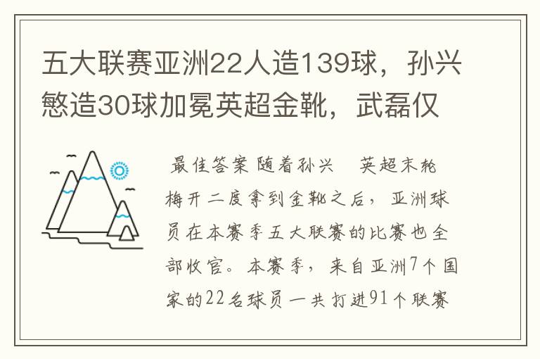 五大联赛亚洲22人造139球,孙兴慜造30球加冕英超金靴,武磊仅1球