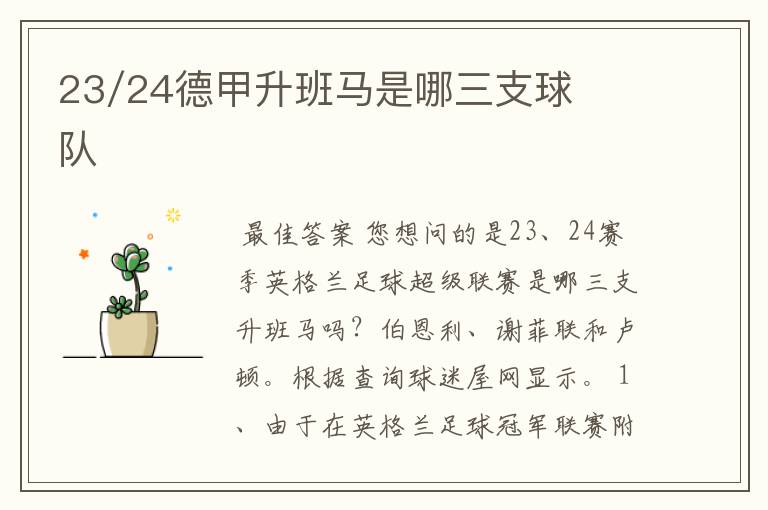 23/24德甲升班马是哪三支球队