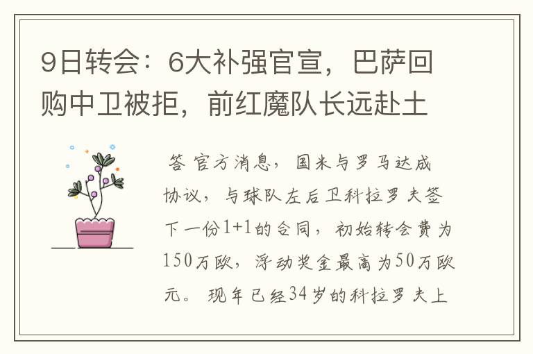 9日转会:6大补强官宣,巴萨回购中卫被拒,前红魔队长远赴土超