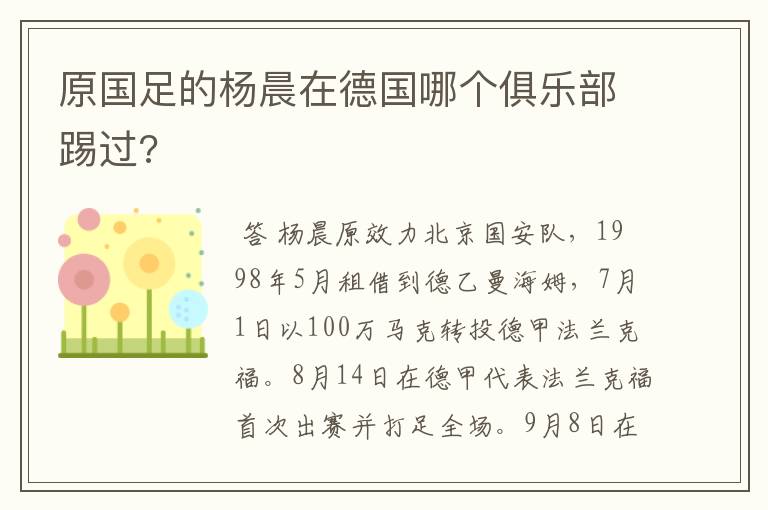 原国足的杨晨在德国哪个俱乐部踢过?