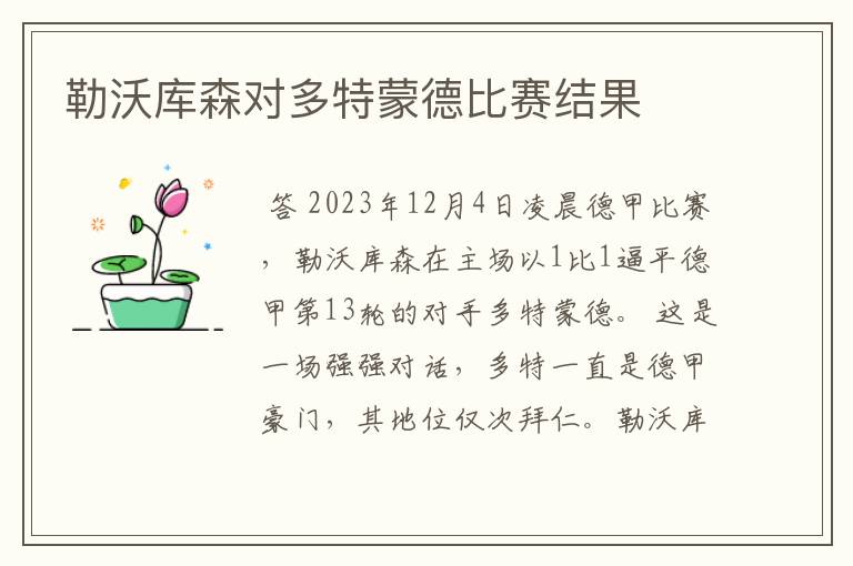 勒沃库森对多特蒙德比赛结果