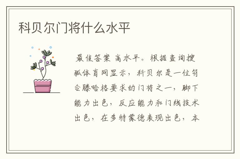 科贝尔门将什么水平