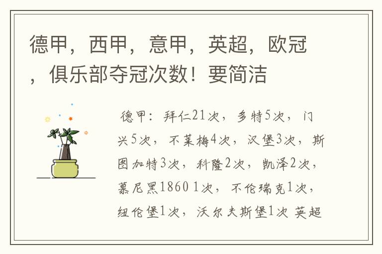 德甲,西甲,意甲,英超,欧冠,俱乐部夺冠次数!要简洁