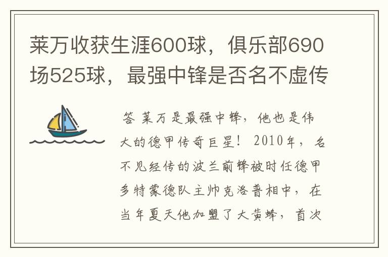 莱万收获生涯600球,俱乐部690场525球,最强中锋是否名不虚传?