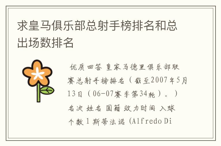 求皇马俱乐部总射手榜排名和总出场数排名