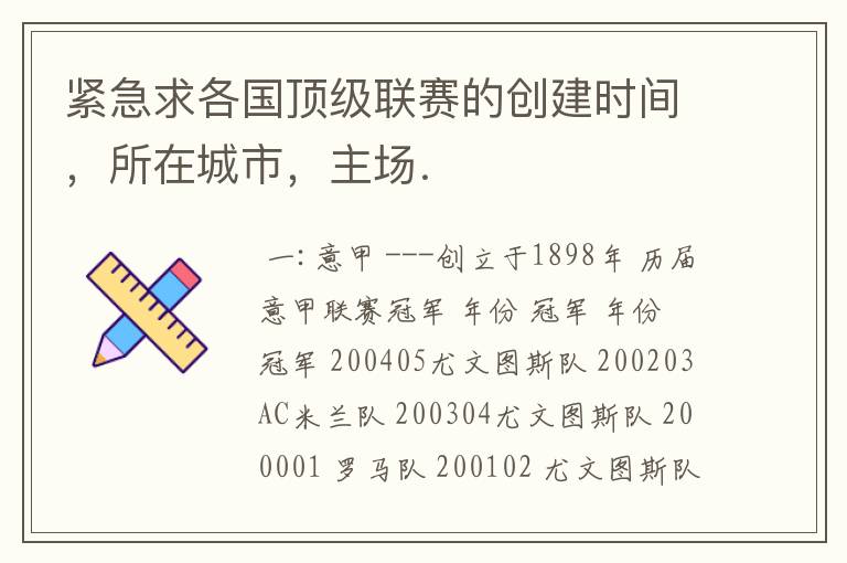 紧急求各国顶级联赛的创建时间,所在城市,主场.