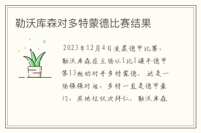 勒沃库森对多特蒙德比赛结果