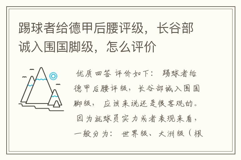 踢球者给德甲后腰评级,长谷部诚入围国脚级,怎么评价