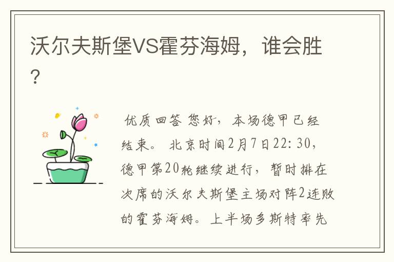 沃尔夫斯堡VS霍芬海姆,谁会胜?