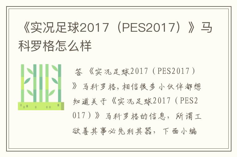 《实况足球2017（PES2017）》马科罗格怎么样