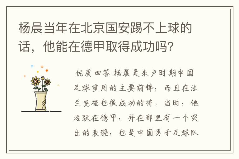 杨晨当年在北京国安踢不上球的话,他能在德甲取得成功吗?
