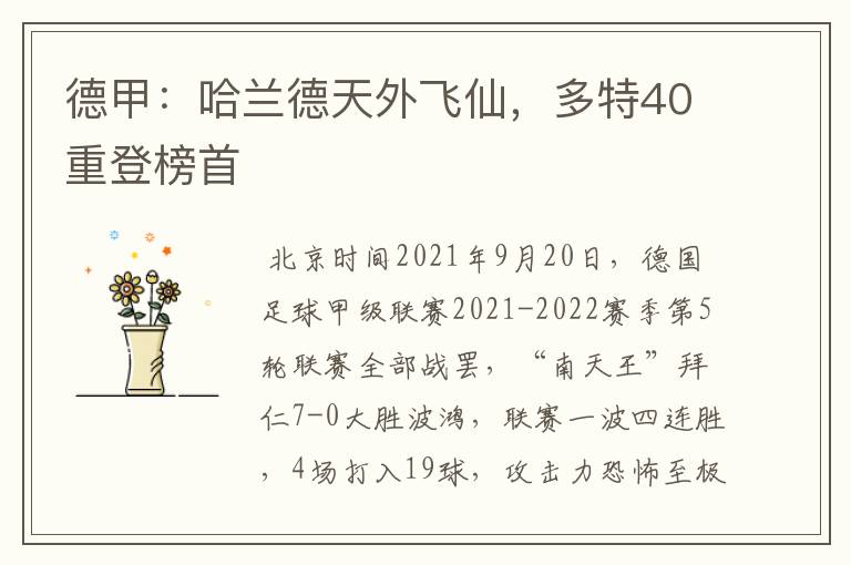 德甲:哈兰德天外飞仙,多特40重登榜首