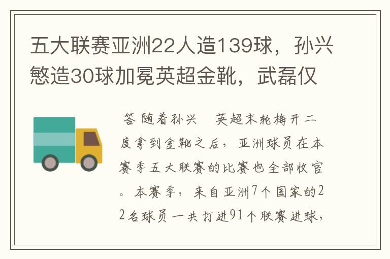五大联赛亚洲22人造139球,孙兴慜造30球加冕英超金靴,武磊仅1球