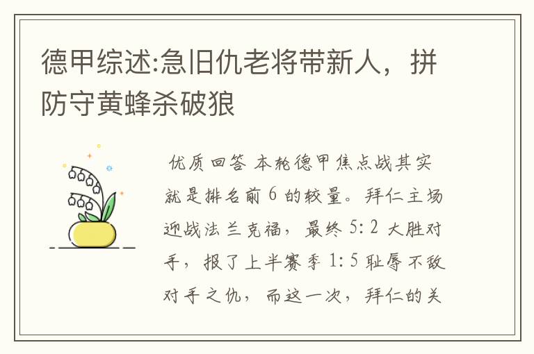 德甲综述:急旧仇老将带新人,拼防守黄蜂杀破狼