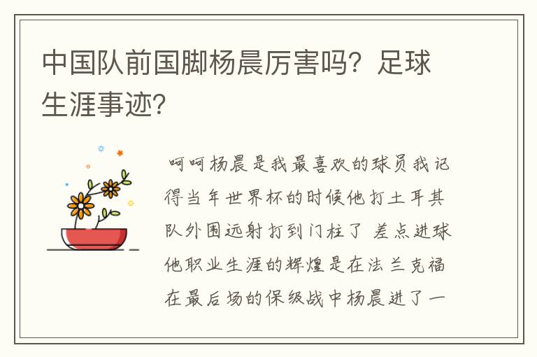 中国队前国脚杨晨厉害吗?足球生涯事迹?