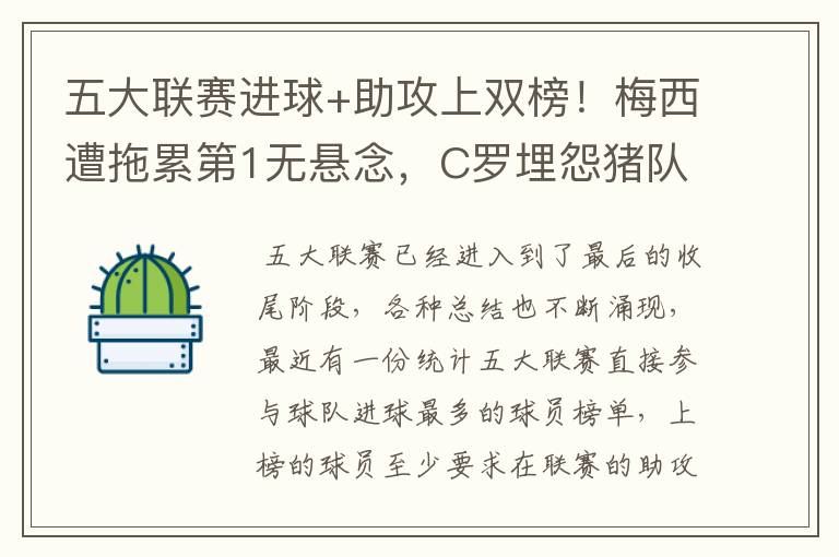 五大联赛进球+助攻上双榜!梅西遭拖累第1无悬念,C罗埋怨猪队友