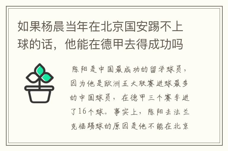 如果杨晨当年在北京国安踢不上球的话,他能在德甲去得成功吗?