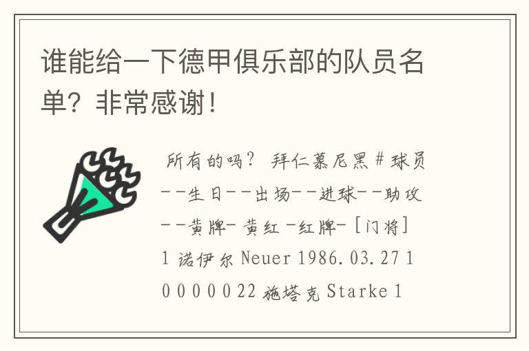谁能给一下德甲俱乐部的队员名单?非常感谢!