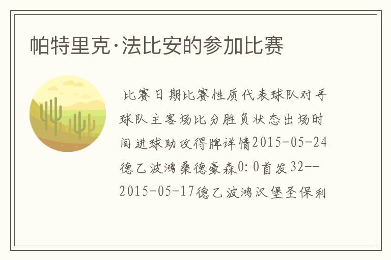帕特里克·法比安的参加比赛
