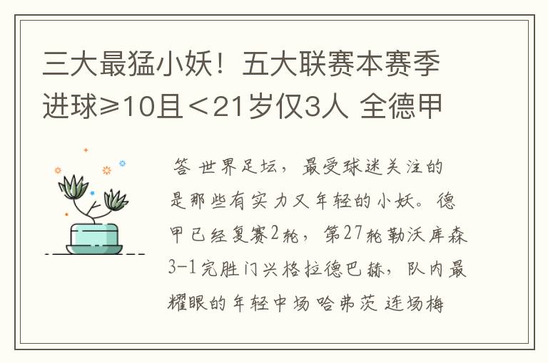 三大最猛小妖!五大联赛本赛季进球≥10且<21岁仅3人 全德甲制造