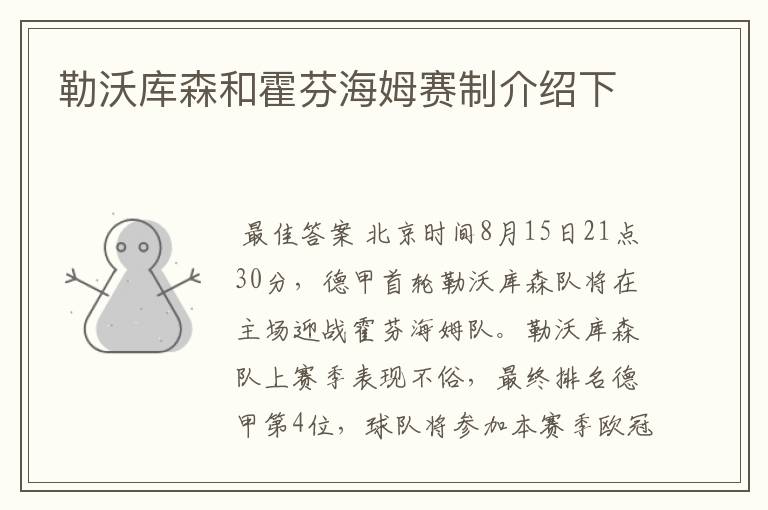 勒沃库森和霍芬海姆赛制介绍下