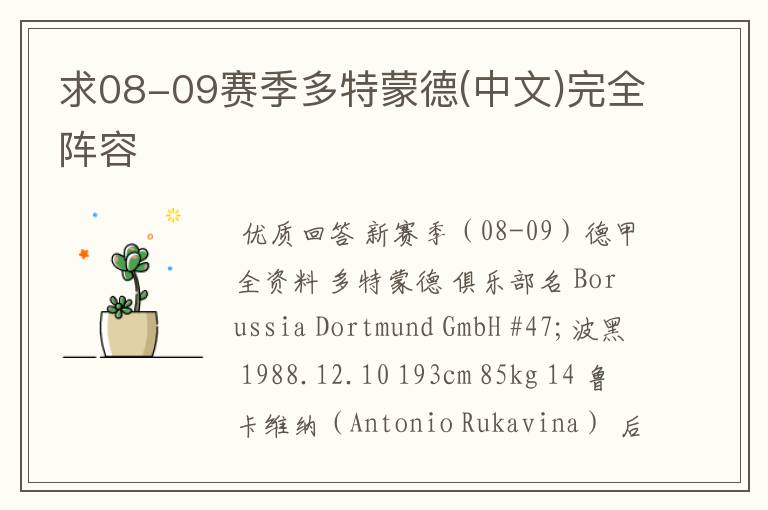 求08-09赛季多特蒙德(中文)完全阵容