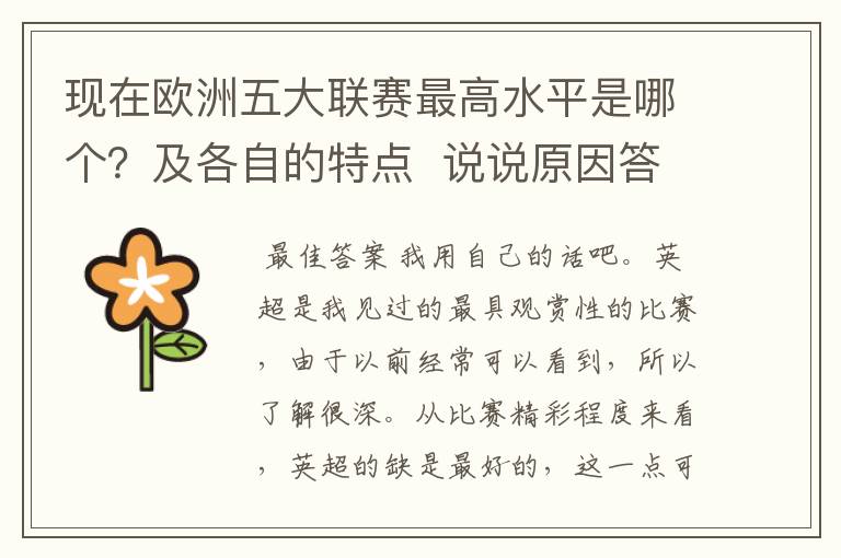 现在欧洲五大联赛最高水平是哪个?及各自的特点 说说原因答得好的再加100分