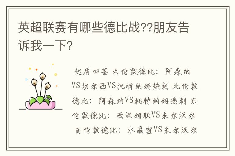 英超联赛有哪些德比战??朋友告诉我一下?