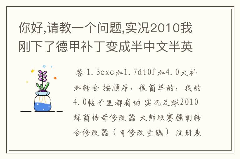 你好,请教一个问题,实况2010我刚下了德甲补丁变成半中文半英文的了,怎么换成中文啊? 求高手解答