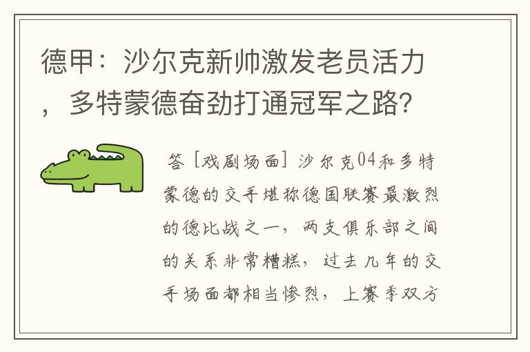 德甲:沙尔克新帅激发老员活力,多特蒙德奋劲打通冠军之路?