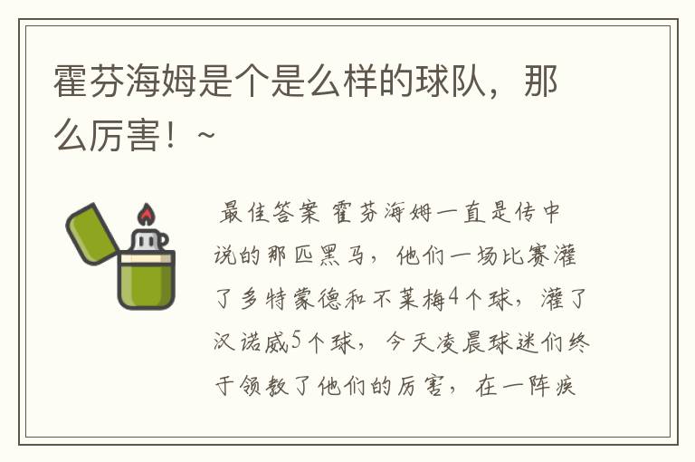 霍芬海姆是个是么样的球队,那么厉害!~
