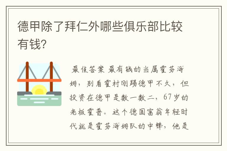 德甲除了拜仁外哪些俱乐部比较有钱?