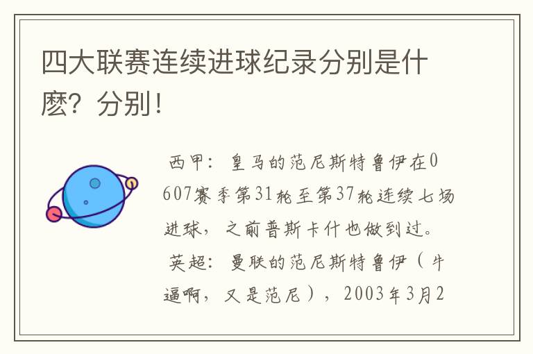 四大联赛连续进球纪录分别是什麽?分别!